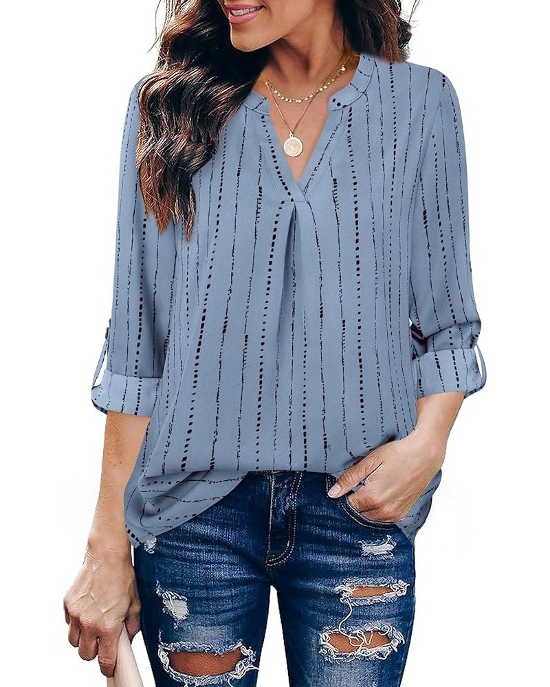 Women's Blouses 3/4 Sleeve Work Shirt Chiffon Tunic Top Office Wear Stripe Blue Grey $17.84 Blouses