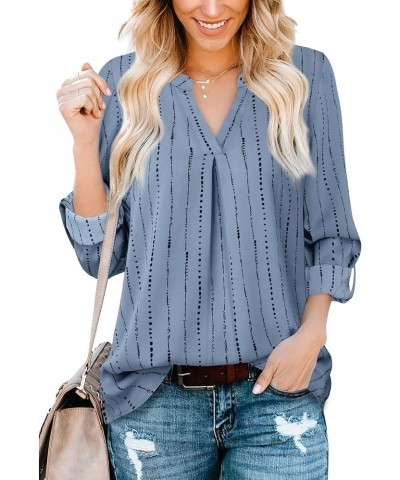 Women's Blouses 3/4 Sleeve Work Shirt Chiffon Tunic Top Office Wear Stripe Blue Grey $17.84 Blouses