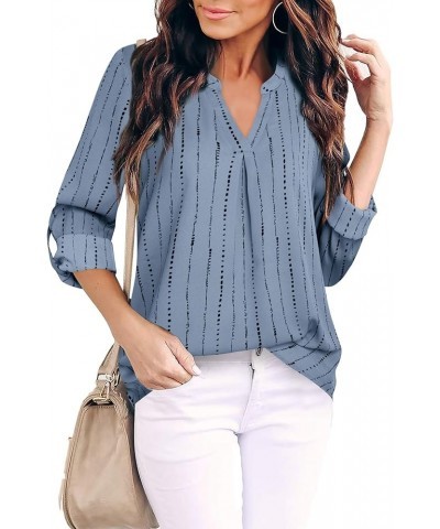 Women's Blouses 3/4 Sleeve Work Shirt Chiffon Tunic Top Office Wear Stripe Blue Grey $17.84 Blouses