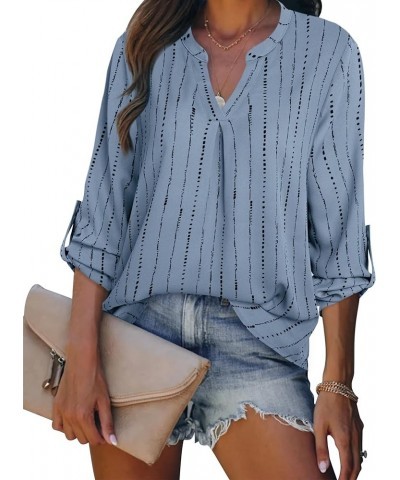 Women's Blouses 3/4 Sleeve Work Shirt Chiffon Tunic Top Office Wear Stripe Blue Grey $17.84 Blouses