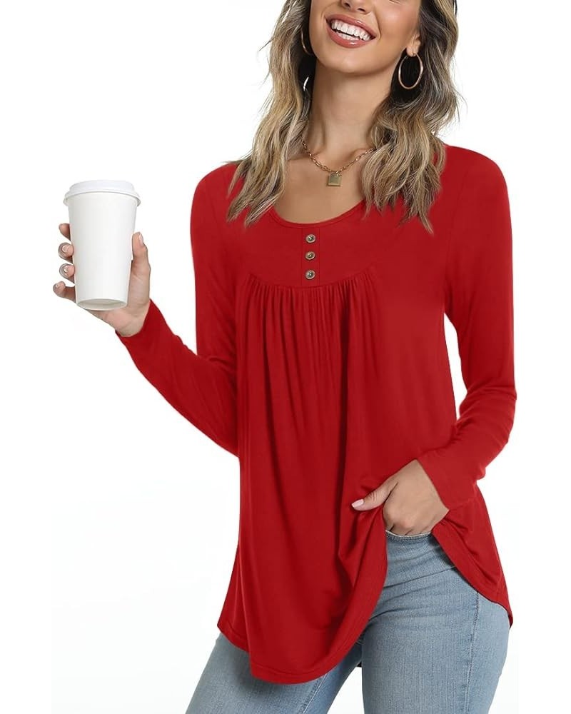 Casual Long Sleeve Tunic Tops Loose Fit Pleated Fall T-shirt Blouses for Women Ruf-red $13.22 Tops