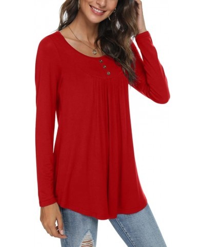 Casual Long Sleeve Tunic Tops Loose Fit Pleated Fall T-shirt Blouses for Women Ruf-red $13.22 Tops