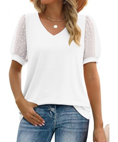 Womens Dressy Casual Tops Swiss Dot Sheer Puff Short Lace Sleeve V Neck Shirts Blouse White $16.82 Blouses