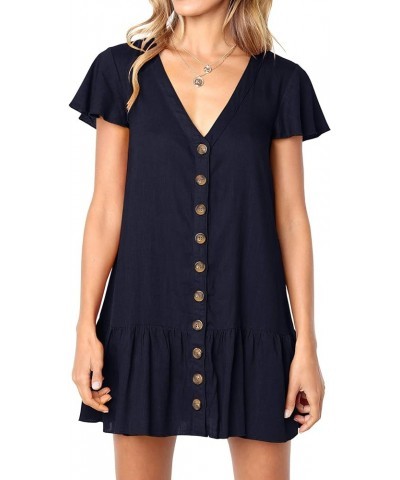 Womens Polka Dot V Neck Button Down Ruffles Loose Mini Short T-Shirt Dress Z1-navy $17.49 Dresses