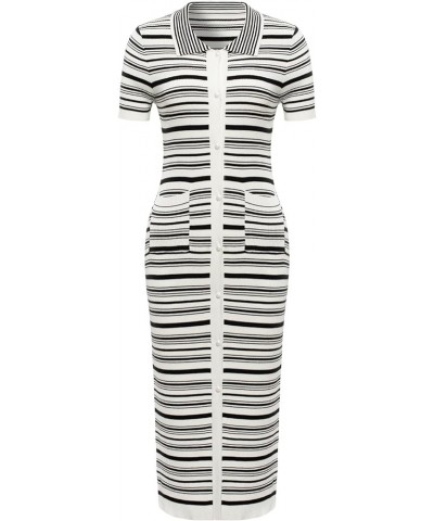 Women's Short Sleeve Collar Neck Stripe Ribbed Knit Bodycon Midi Dress with Pocket Black $16.23 Dresses