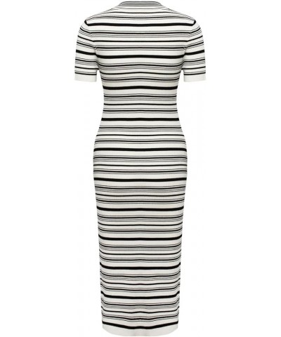 Women's Short Sleeve Collar Neck Stripe Ribbed Knit Bodycon Midi Dress with Pocket Black $16.23 Dresses