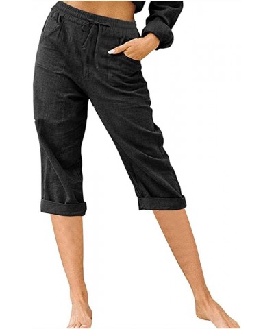 Capris for Women Summer Casual Elastic High Waist Linen Pants with Pockets Wide Cropped Leg Loose Trousers 2023 92 Black $6.5...