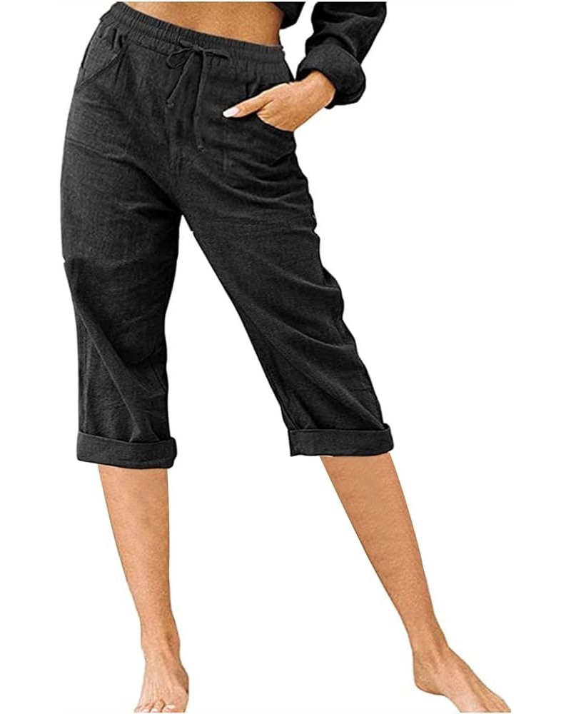 Capris for Women Summer Casual Elastic High Waist Linen Pants with Pockets Wide Cropped Leg Loose Trousers 2023 92 Black $6.5...