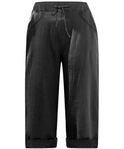 Capris for Women Summer Casual Elastic High Waist Linen Pants with Pockets Wide Cropped Leg Loose Trousers 2023 92 Black $6.5...