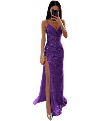 Women's Spaghetti Straps Mermaid Prom Dresses V Neck Sequin Formal Evening Party Gowns with Slit PU123 Grape $34.79 Dresses