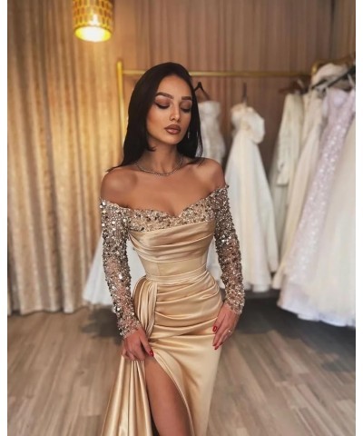 Women's Satin Prom Dresses 2024 Corset Mermaid Long Sleeve Sequin Formal Evening Party Gown for Women Teal $36.75 Dresses