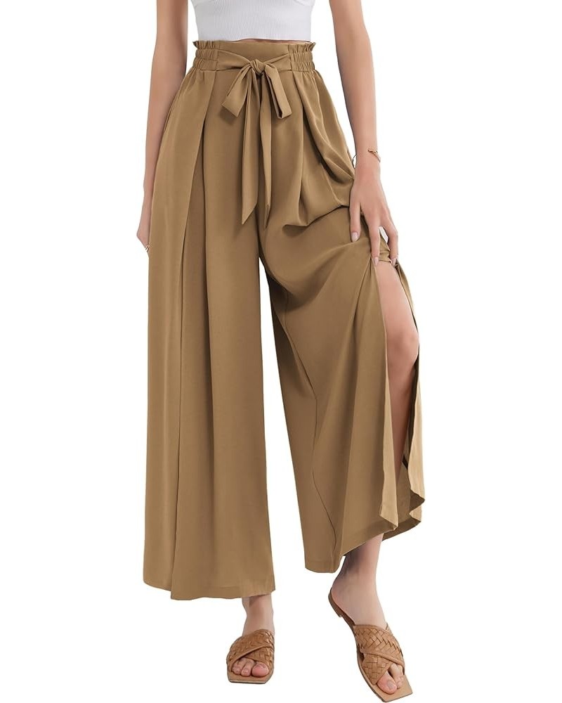 Women's Wide Leg Pants with Pockets Lightweight High Waisted Tie Knot Caual Loose Split Flowy Palazzo Trousers Khaki $18.01 P...