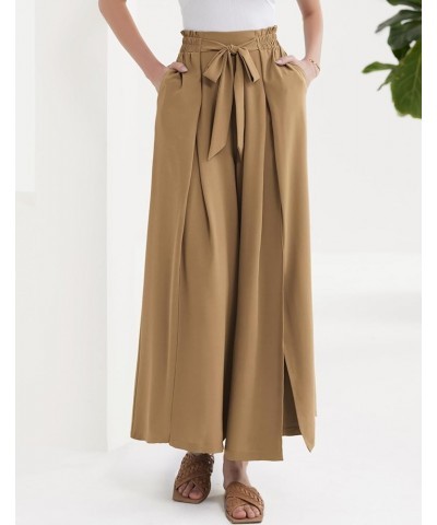 Women's Wide Leg Pants with Pockets Lightweight High Waisted Tie Knot Caual Loose Split Flowy Palazzo Trousers Khaki $18.01 P...