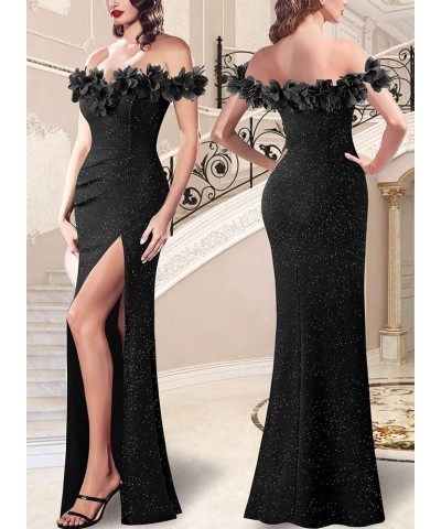 Womens Formal Prom Off Shoulder 3D Flowers Ruched Wedding Guest Maxi Dress 2024 Sexy High Slit Cocktail Evening Gown Sparkly ...