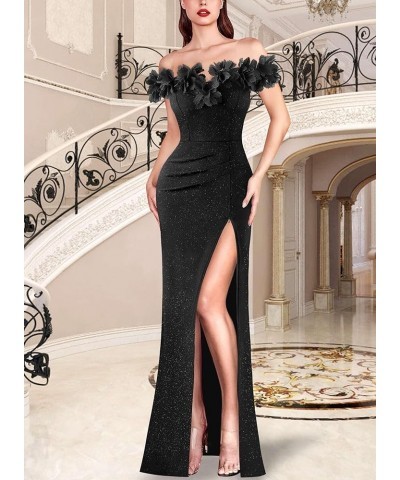 Womens Formal Prom Off Shoulder 3D Flowers Ruched Wedding Guest Maxi Dress 2024 Sexy High Slit Cocktail Evening Gown Sparkly ...