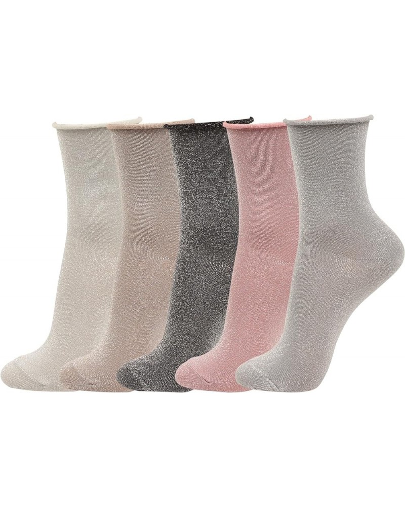 5Pair Women Glitter Roll Top Socks Over Ankle High Soft Cotton Girl 5 Color 5 Pair-silver Glitter $11.83 Socks