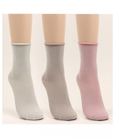 5Pair Women Glitter Roll Top Socks Over Ankle High Soft Cotton Girl 5 Color 5 Pair-silver Glitter $11.83 Socks