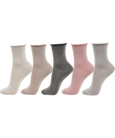 5Pair Women Glitter Roll Top Socks Over Ankle High Soft Cotton Girl 5 Color 5 Pair-silver Glitter $11.83 Socks