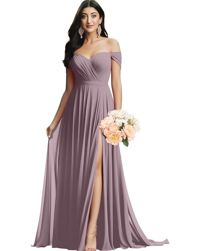 Women's Off The Shoulder Bridesmaid Dresses for Wedding Long Slit Chiffon Formal Evening Dress Wisteria $32.20 Dresses