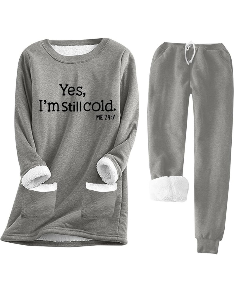 Yes I Am Still Cold Me 24:7 Womens Sherpa Lined Sweatsuit Loungewear Fuzzy Warm 2 Piece Outfits with Pockets Gray $19.73 Slee...