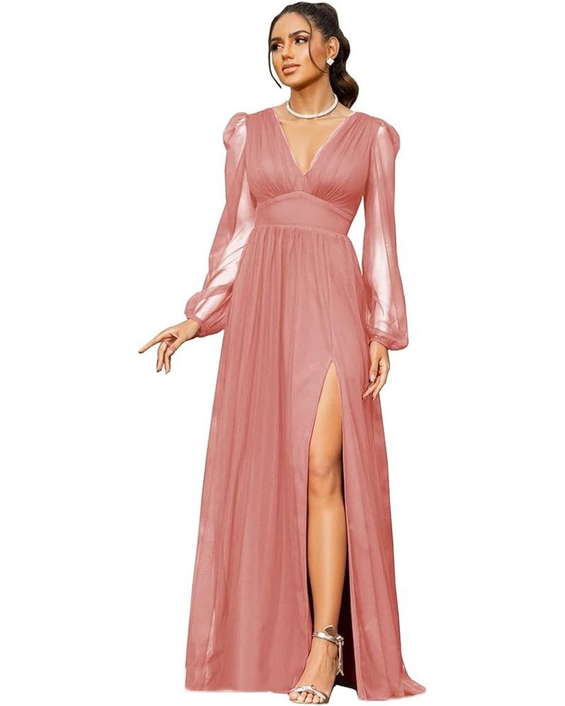 Women's V Neck Bridesmaid Dresses for Wedding Long Sleeves A-Line Chiffon Formal Gown with Slit Dusty Rose $30.79 Dresses