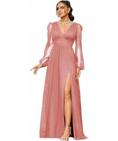 Women's V Neck Bridesmaid Dresses for Wedding Long Sleeves A-Line Chiffon Formal Gown with Slit Dusty Rose $30.79 Dresses