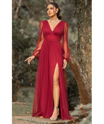 Women's V Neck Bridesmaid Dresses for Wedding Long Sleeves A-Line Chiffon Formal Gown with Slit Dusty Rose $30.79 Dresses