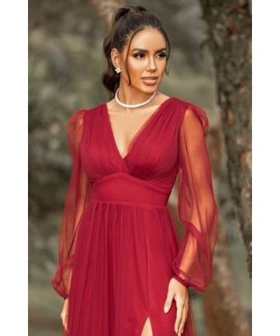 Women's V Neck Bridesmaid Dresses for Wedding Long Sleeves A-Line Chiffon Formal Gown with Slit Dusty Rose $30.79 Dresses