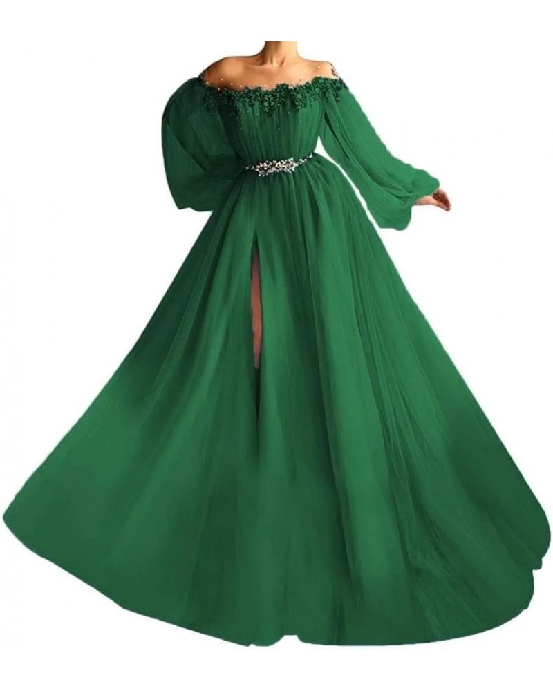 Woman's Off Shoulder A Line Prom Dress Vintage Beading Puffy Tulle Sleeve Formal Evening Gown with High Slit Dark Green $38.0...