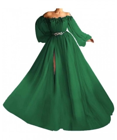 Woman's Off Shoulder A Line Prom Dress Vintage Beading Puffy Tulle Sleeve Formal Evening Gown with High Slit Dark Green $38.0...