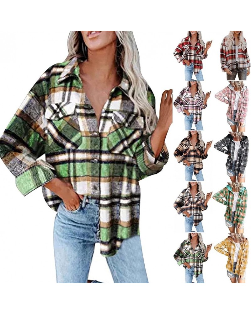 Womens Long Sleeve Tops Dressy Casual Trendy Plaid Printed Button Down Blouses Oversized Shacket Jacket Fall Outfits A Green ...