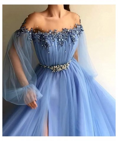 Woman's Off Shoulder A Line Prom Dress Vintage Beading Puffy Tulle Sleeve Formal Evening Gown with High Slit Dark Green $38.0...