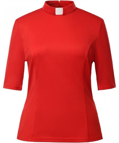 Womens Church Clergy Shirt with Tab Collar Spring/Summer Half Sleeve Slim Blouse Top Red $14.07 Blouses