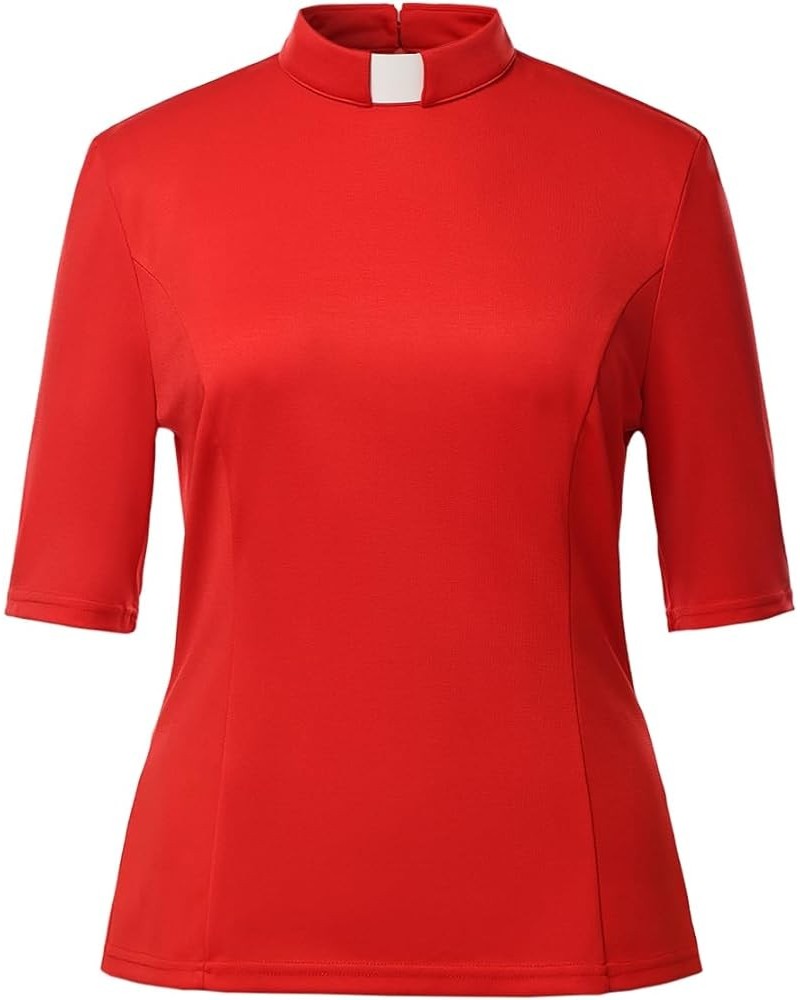 Womens Church Clergy Shirt with Tab Collar Spring/Summer Half Sleeve Slim Blouse Top Red $14.07 Blouses