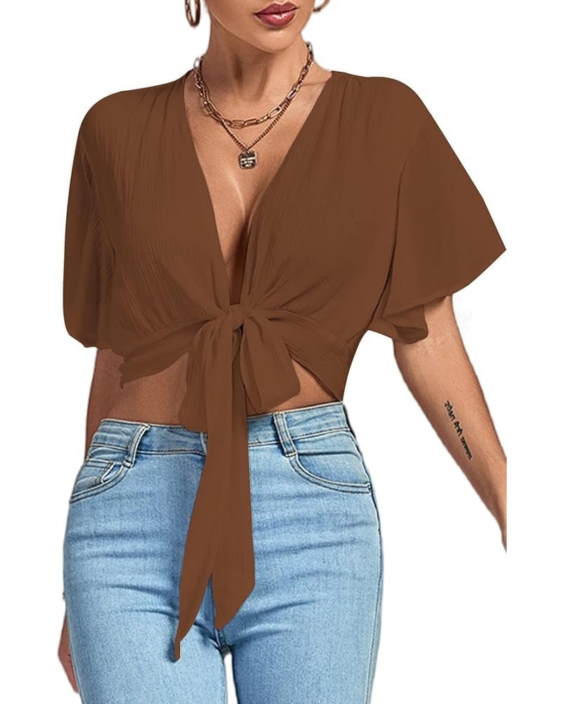 Women's Deep V Neck Tie Front Knot Wrap Ruffle Short Sleeeve Crop Top Blouse Brown $11.60 Blouses