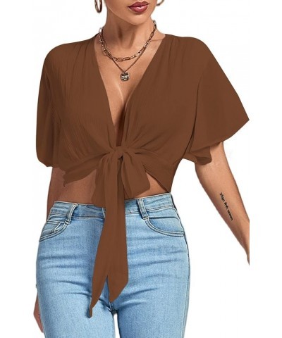 Women's Deep V Neck Tie Front Knot Wrap Ruffle Short Sleeeve Crop Top Blouse Brown $11.60 Blouses