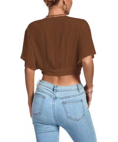 Women's Deep V Neck Tie Front Knot Wrap Ruffle Short Sleeeve Crop Top Blouse Brown $11.60 Blouses