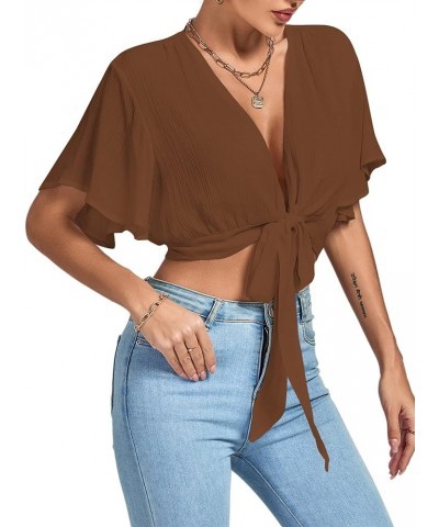 Women's Deep V Neck Tie Front Knot Wrap Ruffle Short Sleeeve Crop Top Blouse Brown $11.60 Blouses