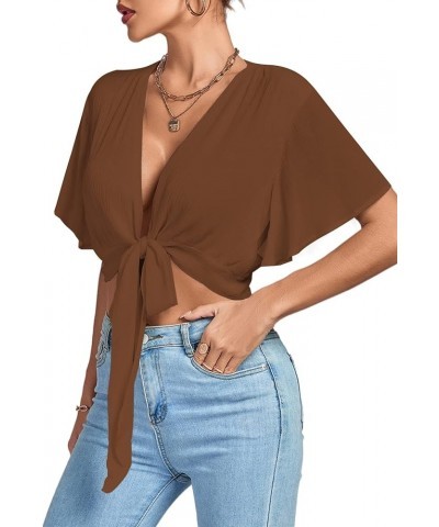 Women's Deep V Neck Tie Front Knot Wrap Ruffle Short Sleeeve Crop Top Blouse Brown $11.60 Blouses