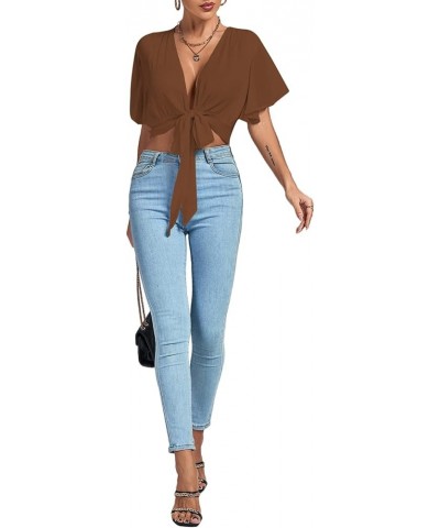 Women's Deep V Neck Tie Front Knot Wrap Ruffle Short Sleeeve Crop Top Blouse Brown $11.60 Blouses