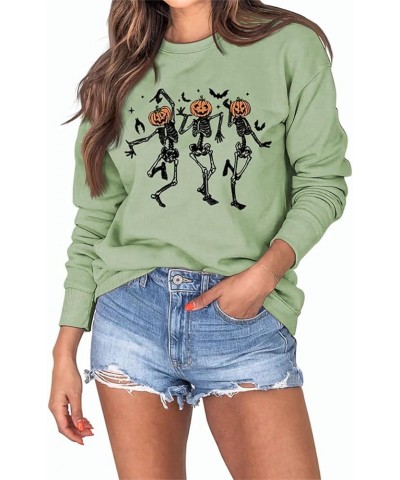 3 Pumpkin Head Skeleton Dance Sweatshirts for Women Halloween Funny Skull Bats Graphic Long Sleeve Hoodie Shirts Olive Green ...