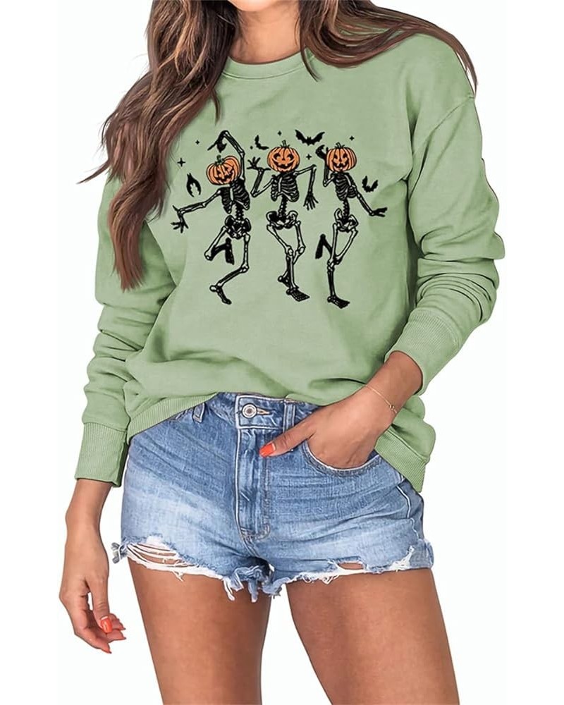 3 Pumpkin Head Skeleton Dance Sweatshirts for Women Halloween Funny Skull Bats Graphic Long Sleeve Hoodie Shirts Olive Green ...