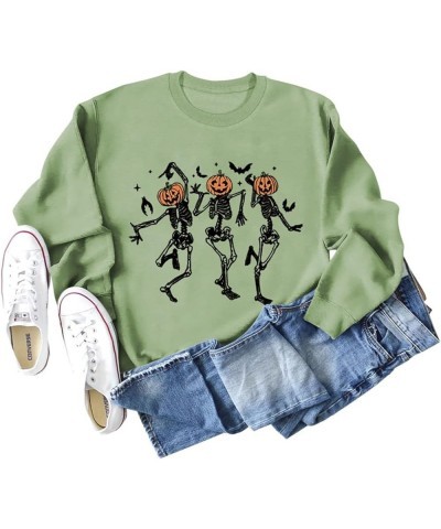 3 Pumpkin Head Skeleton Dance Sweatshirts for Women Halloween Funny Skull Bats Graphic Long Sleeve Hoodie Shirts Olive Green ...