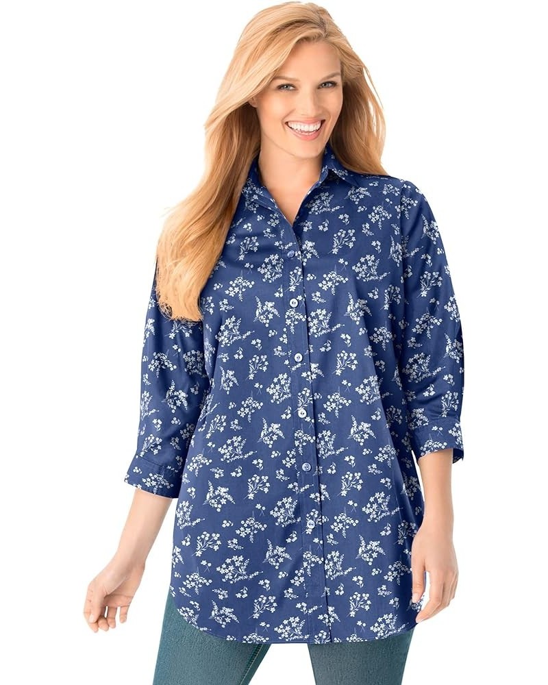 Women's Plus Size Perfect Three Quarter Sleeve Shirt Royal Navy Linear Floral $19.20 Tops