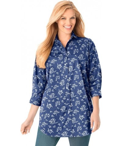 Women's Plus Size Perfect Three Quarter Sleeve Shirt Royal Navy Linear Floral $19.20 Tops