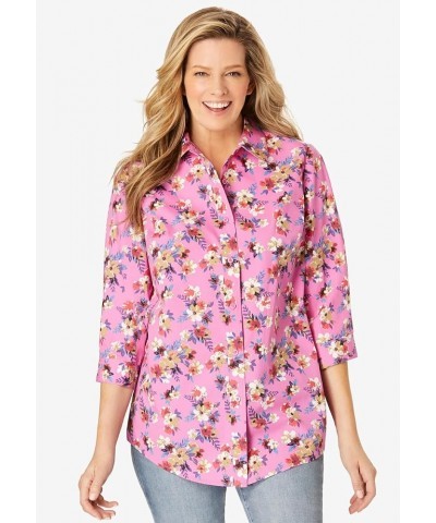 Women's Plus Size Perfect Three Quarter Sleeve Shirt Royal Navy Linear Floral $19.20 Tops