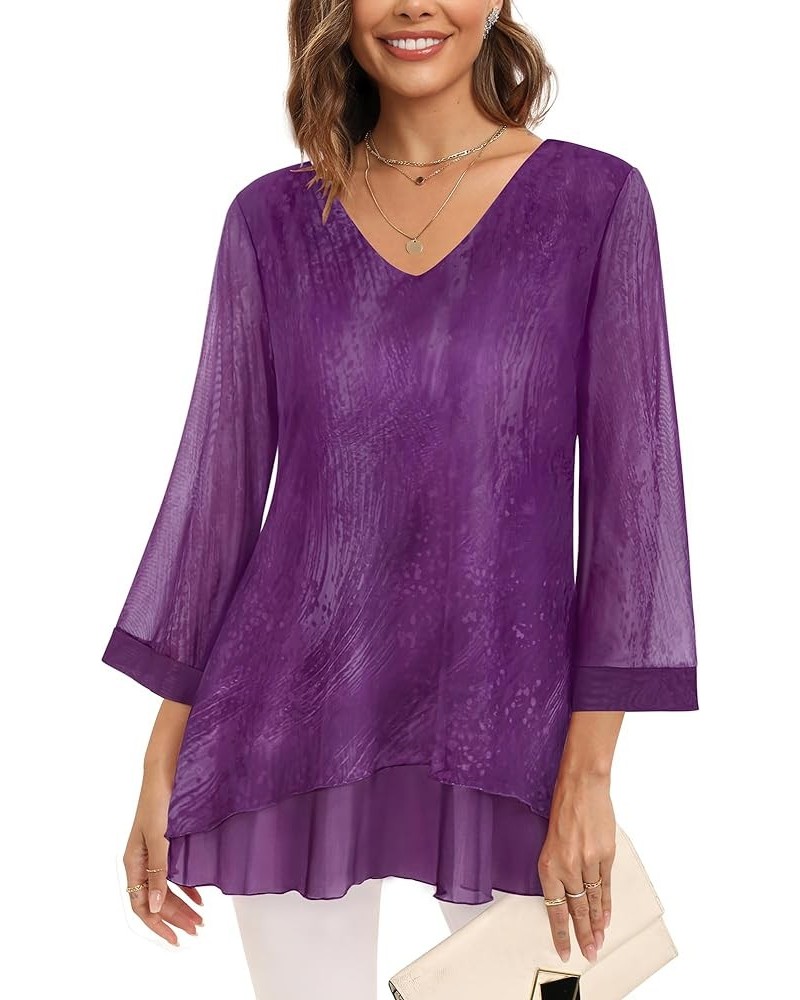 Women's 3/4 Sleeve Tunic Tops Asymmetrical Hem Dressy Casual Mesh Blouses 3-dreamy Violet $15.50 Tops