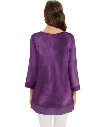 Women's 3/4 Sleeve Tunic Tops Asymmetrical Hem Dressy Casual Mesh Blouses 3-dreamy Violet $15.50 Tops