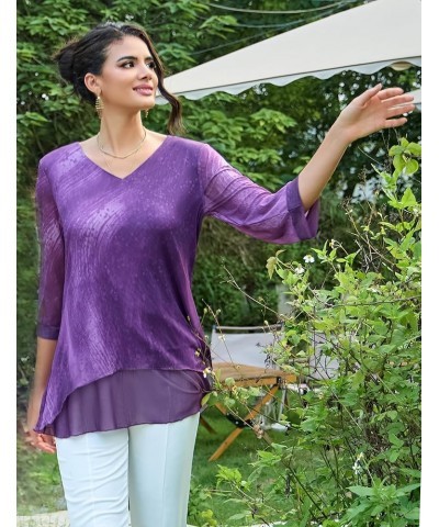 Women's 3/4 Sleeve Tunic Tops Asymmetrical Hem Dressy Casual Mesh Blouses 3-dreamy Violet $15.50 Tops