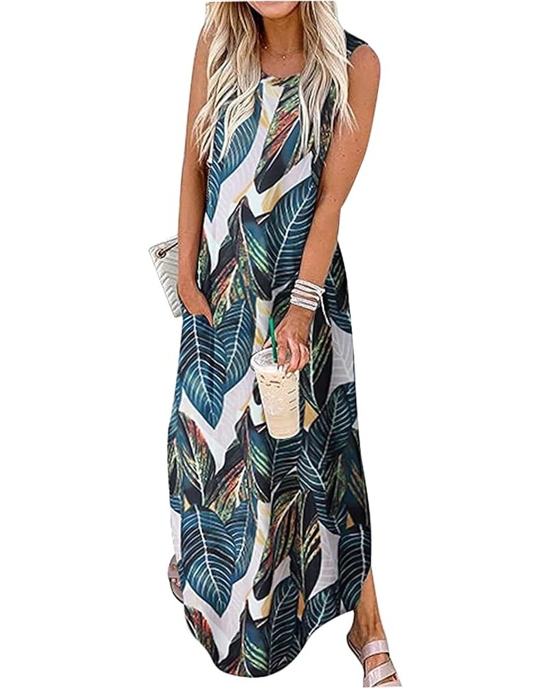 Women's 2023 Casual Loose Sundress Maxi Dress Sleeveless Summer Beach Long Dresses Tshirt Dress with Pockets Leaf $17.14 Dresses